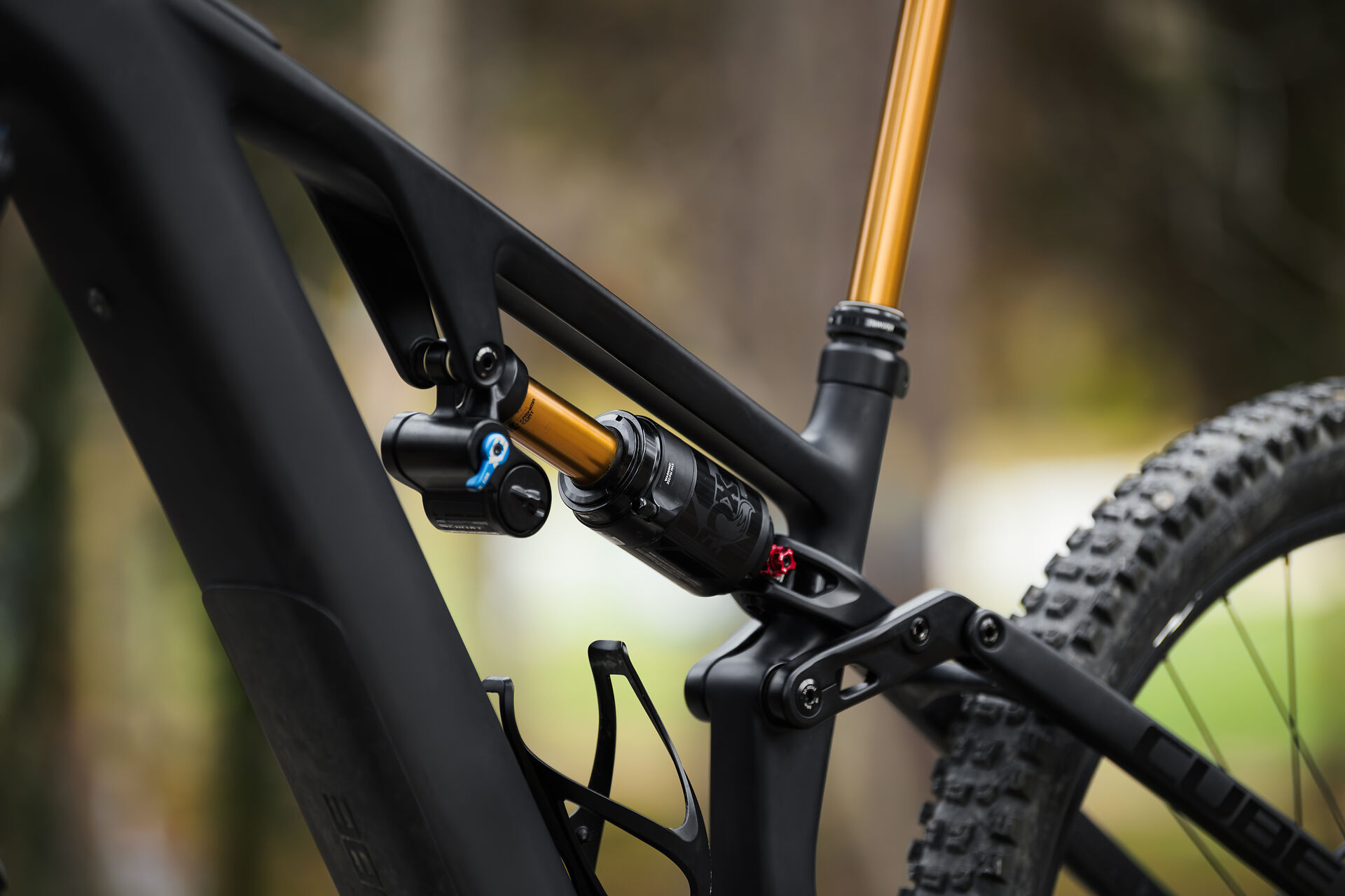 Nahaufnahme von Dämpfer und Federgabel eines Mountainbikes
