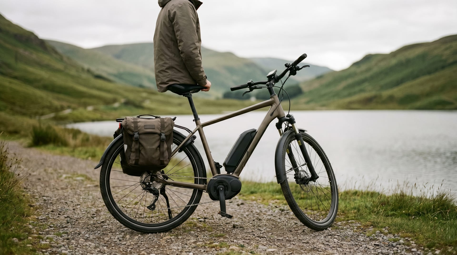 E-Trekkingrad mit Packtasche am Ufer