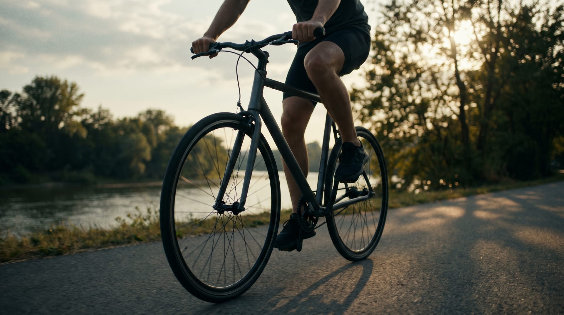 Fitnessbike auf einem Uferweg im Gegenlicht