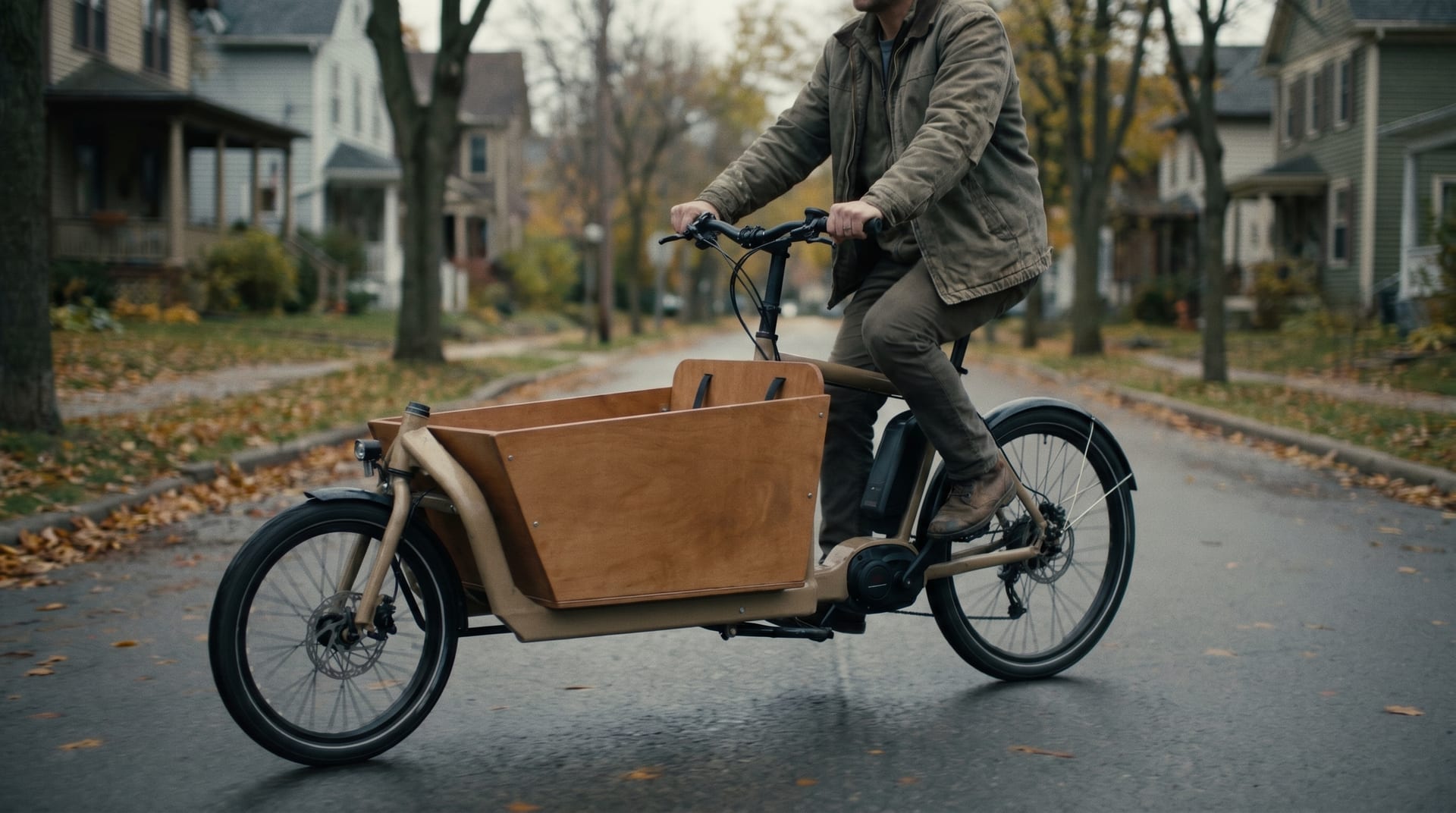 Lastenrad mit Holzkiste auf einer Wohnstraße