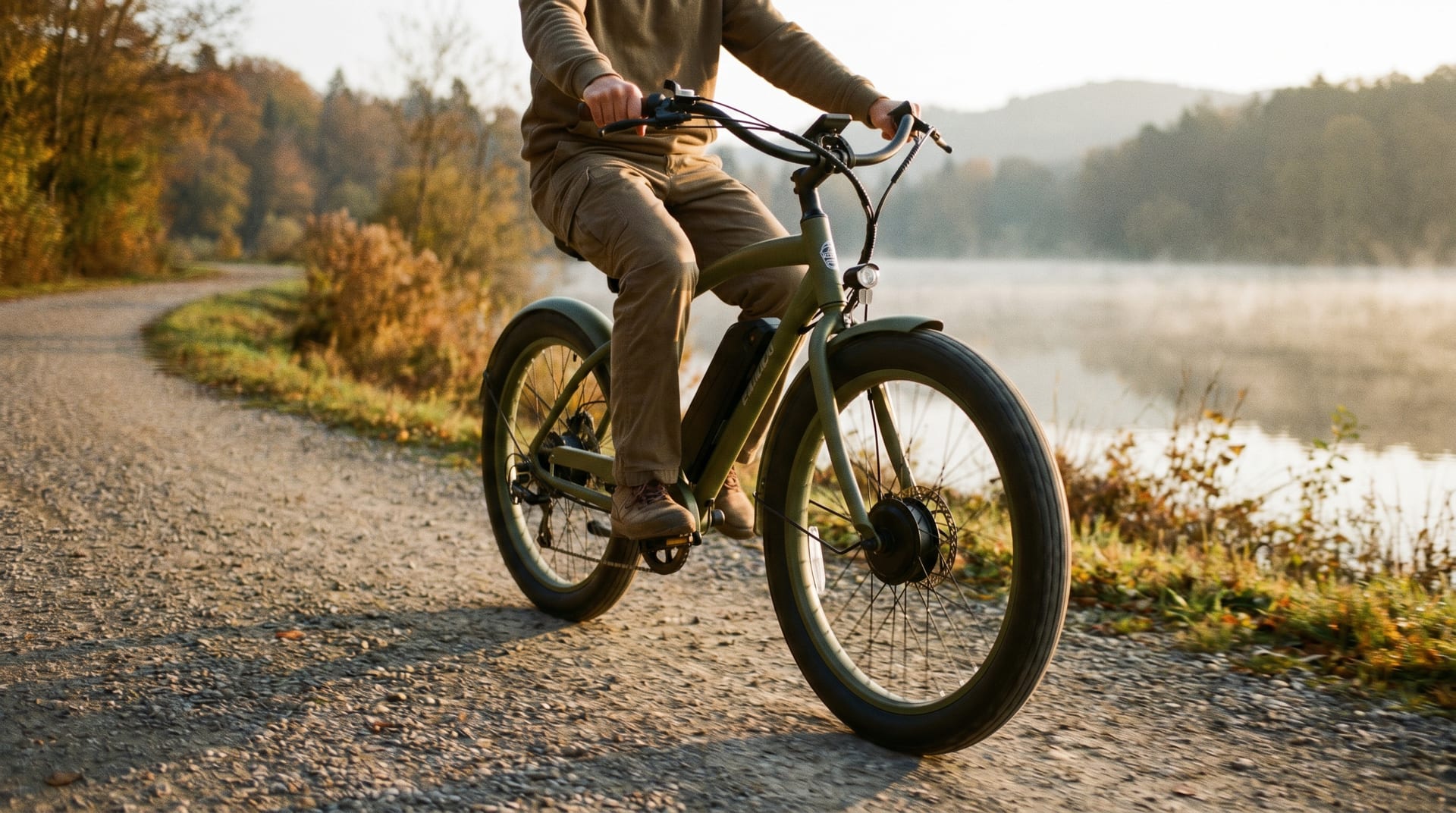 E-Cruiser auf einem Uferweg im Herbst