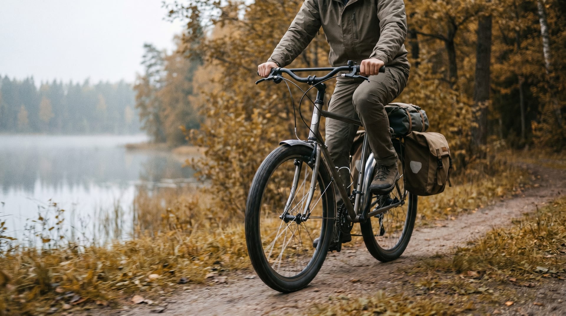 Trekkingrad mit Packtaschen an einem Waldsee