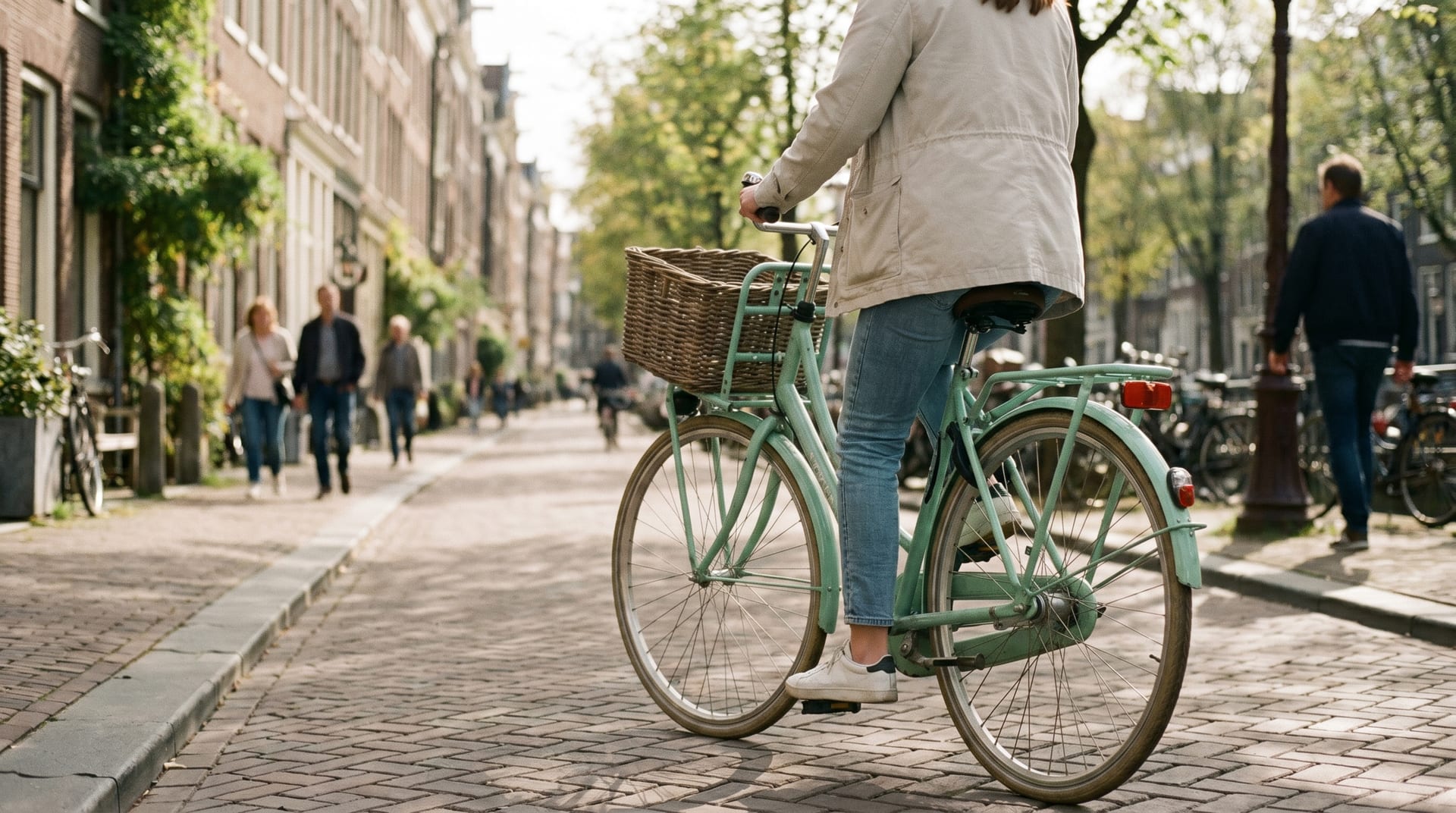 Grünes Hollandrad in einer Grachtenstraße