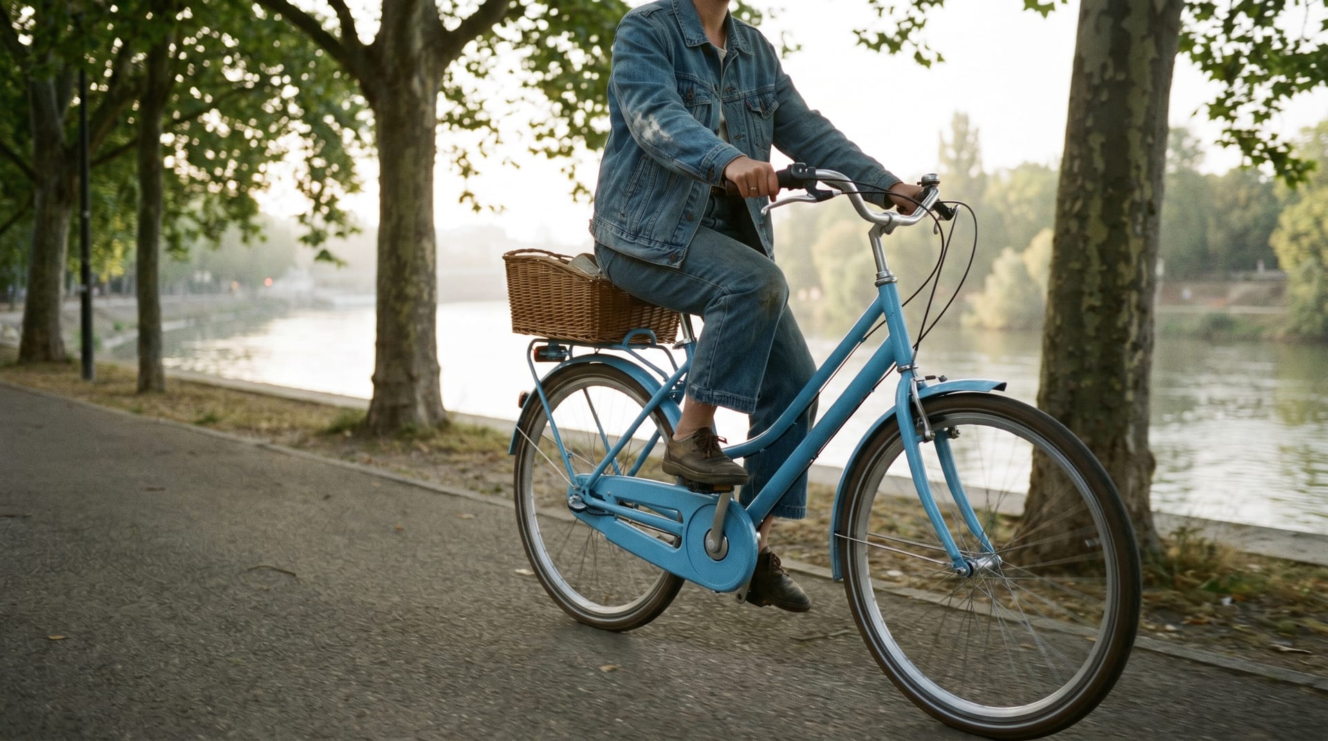 Blaues Citybike mit Weidenkorb an einer Uferpromenade